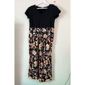 J. Jill Womens Black Floral Midi Dress V-Neck Short Sleeves Petite Small Summer